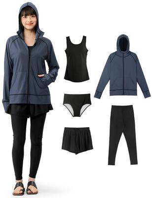 Acrais Rash Guard Top und Hose separat Lang Mit Kapuze UV UPF Perfekt für und Sauna Damen Badeanzug, Set, Körpernah, Tankini, Ärmel, 5-teiliges Set,