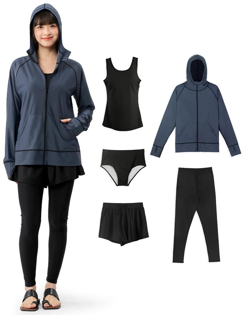Acrais Rash Guard Top and Bottom Separate Long Hooded UV UPF Perfect for and Sauna Women's Swimsuit, Set, Body-Facing, Tankini, Sleeve, 5-Piece Set,