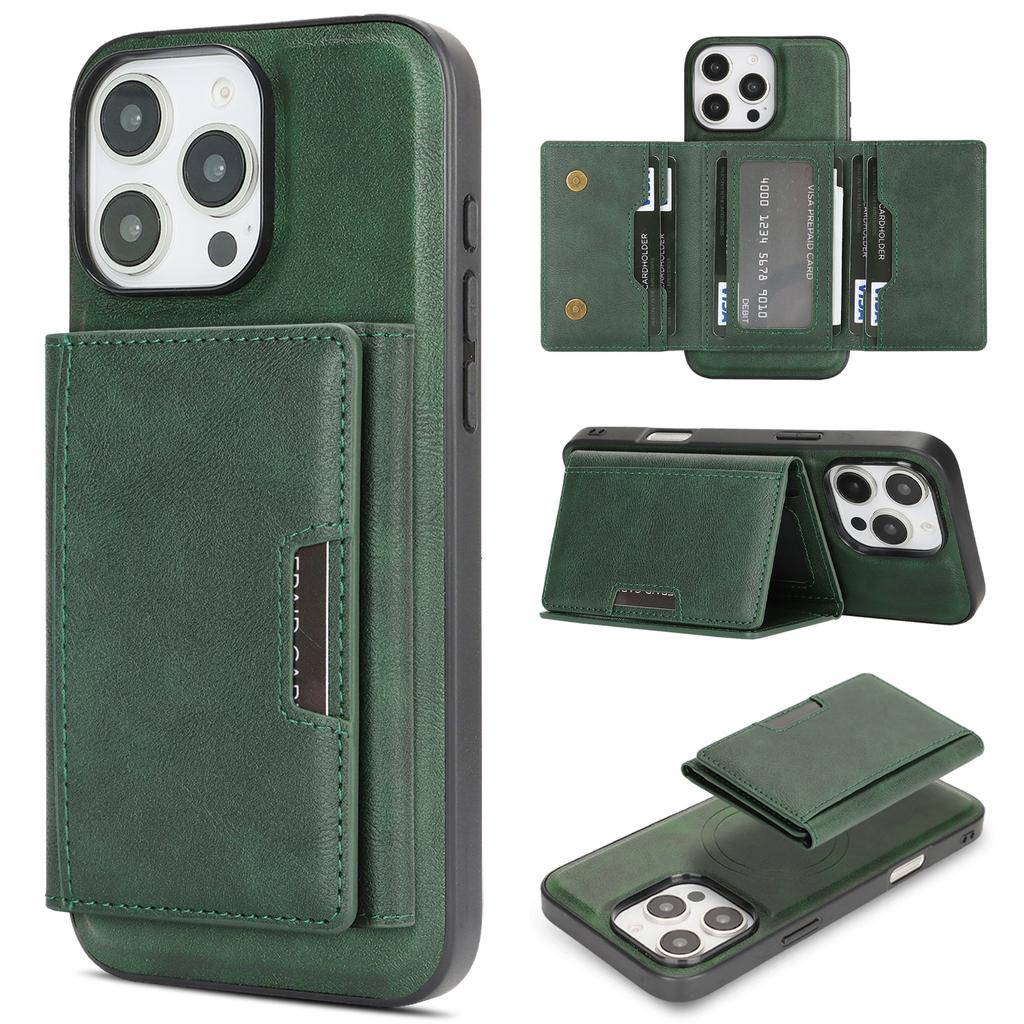 For iPhone 14 Pro Kickstand Case Tri-fold Card Bag PU Leather Coated TPU Cover Compatible with MagSafe