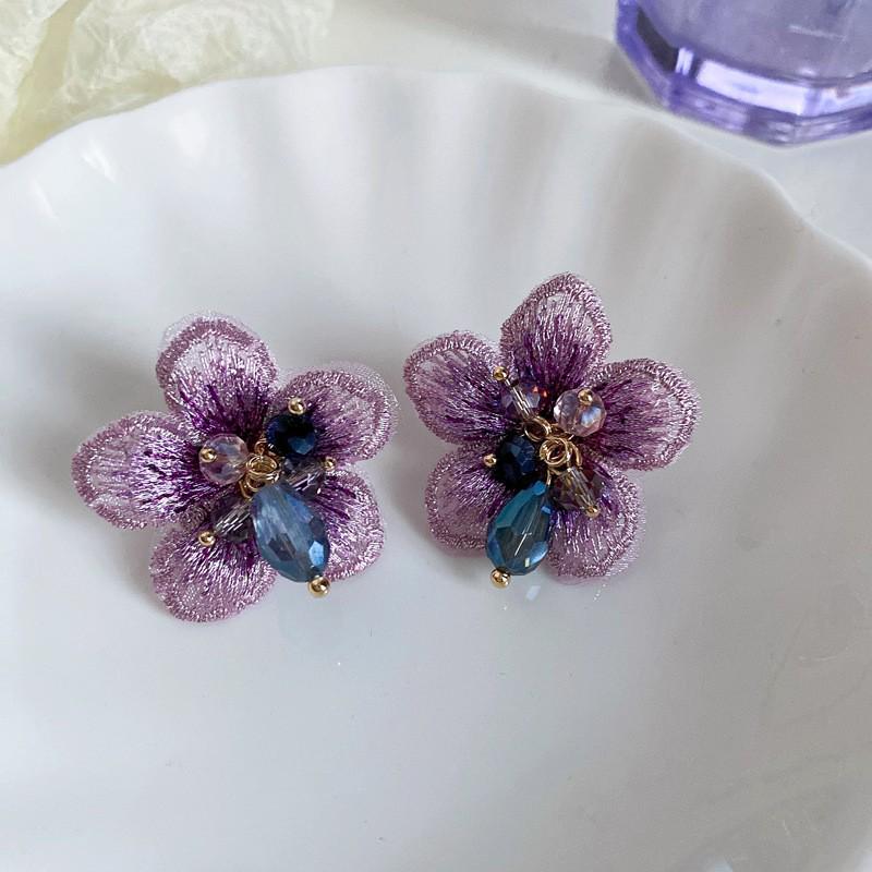 Retro Lila Blume Diamant Quastenohrringe - Silbernadelstecker für elegante Frauen