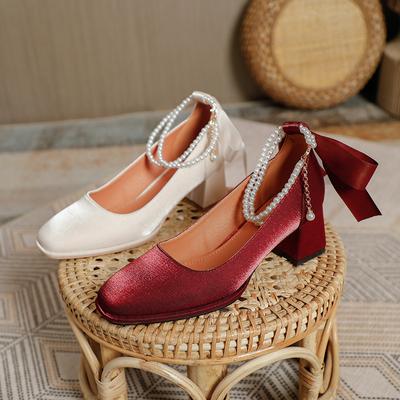 Women's Shoes Square Head High Heels Thick Heel Mary Jane Shoes New Red Wedding Shoes High Sense Pearl Medium Heel Single Shoes