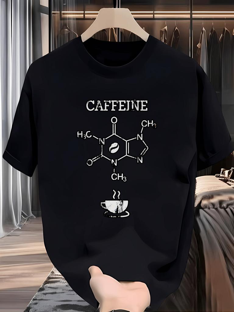 Male Caffeine Molecule Structure On A Black Tee with Coffee Bean Pattern Print Round Neck. Casual Wear Fashionable Casual Wear.