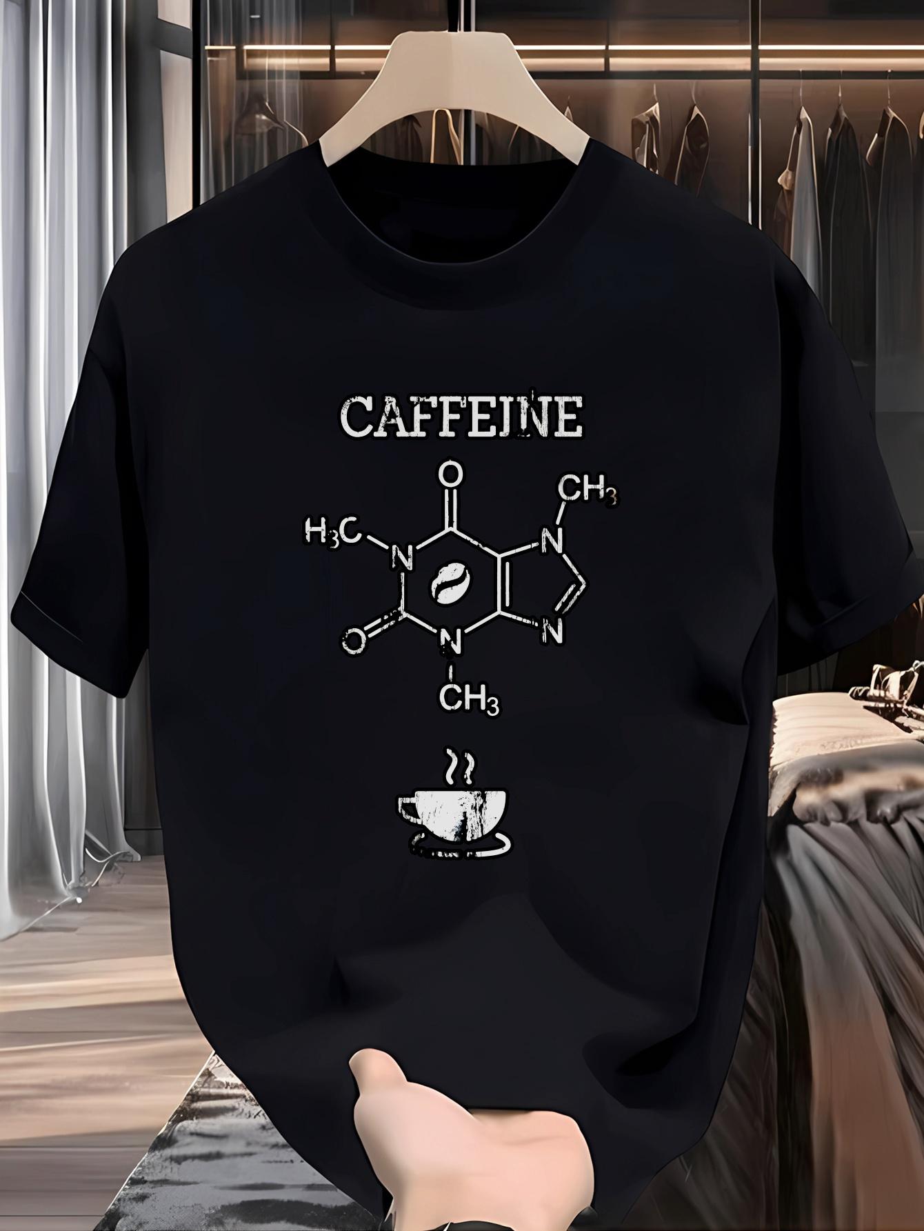 

Male Caffeine Molecule Structure on A Black Tee with Coffee Bean Pattern Print Round Neck. Casual Wear Fashionable Casual Wear. 4XL