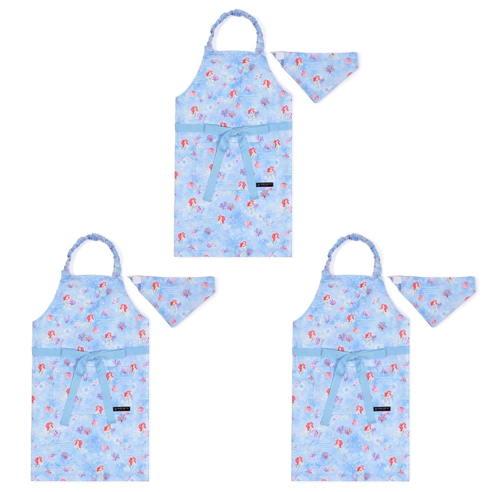 COLORFUL CANDY STYLE Disney Apron Ariel THE LITTLE MERMAID Princess Ariel Set Stylish Kids Apron and Headscarf Set Elastic Kids Apron Stylish Toddler