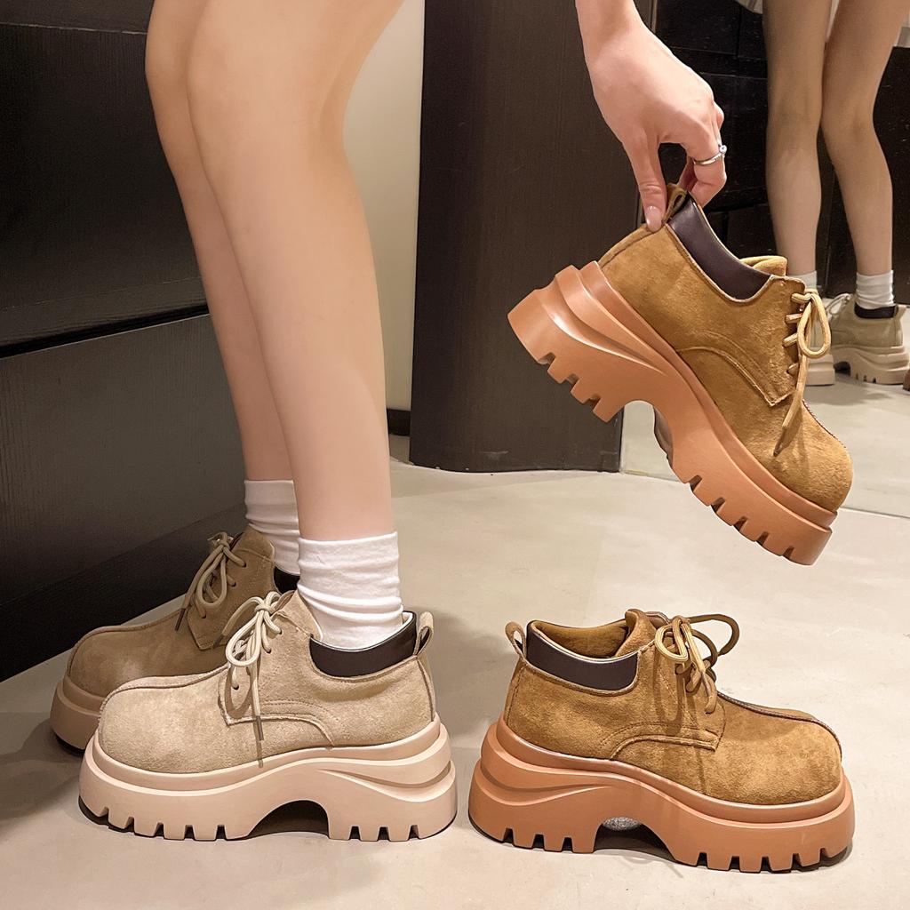 British style retro thick-soled lace-up Martin boots for women's 2025 new small man height-increasing and thin short rhubarb boots