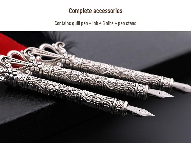 European Retro Feather Calligraphy Set: Oblique Nib Dip Pen with Holder and Ink Engraving
