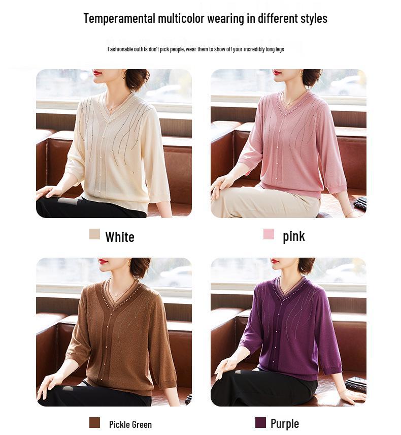 Stylish Thin Base Layer Knit T-Shirt for Middle-Aged Women, Small Size, Mid-Sleeve, Perfect for Spring and Autumn