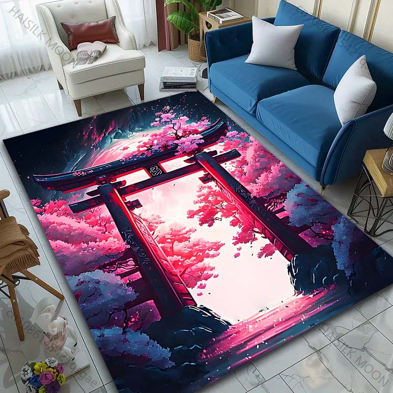 Japanese Cherry Blossom Shrine Pattern Rug Carpets for Bedroom Living Room Sofa Mat Creative Door Mat Cloakroom Home Decor