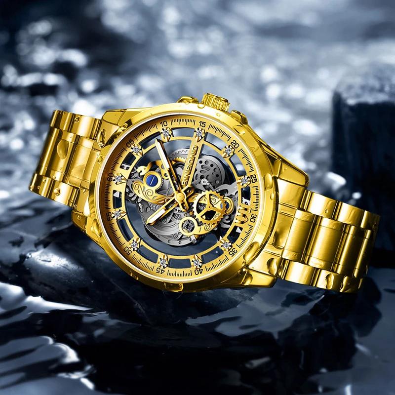 BINBOND Neue Herrenuhr, authentischer Luxus, trendige, ausgehöhlte, leuchtende, wasserdichte Quarzuhr aus Edelstahl/Leder