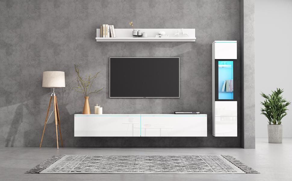 TV Wall Unit Set 3-Piece LED Lighting High Gloss White Living Room Furniture, Frontal 1 X TV Cabinet, 1 X Living Room Display Cabinet, 1 X Wall Shelf