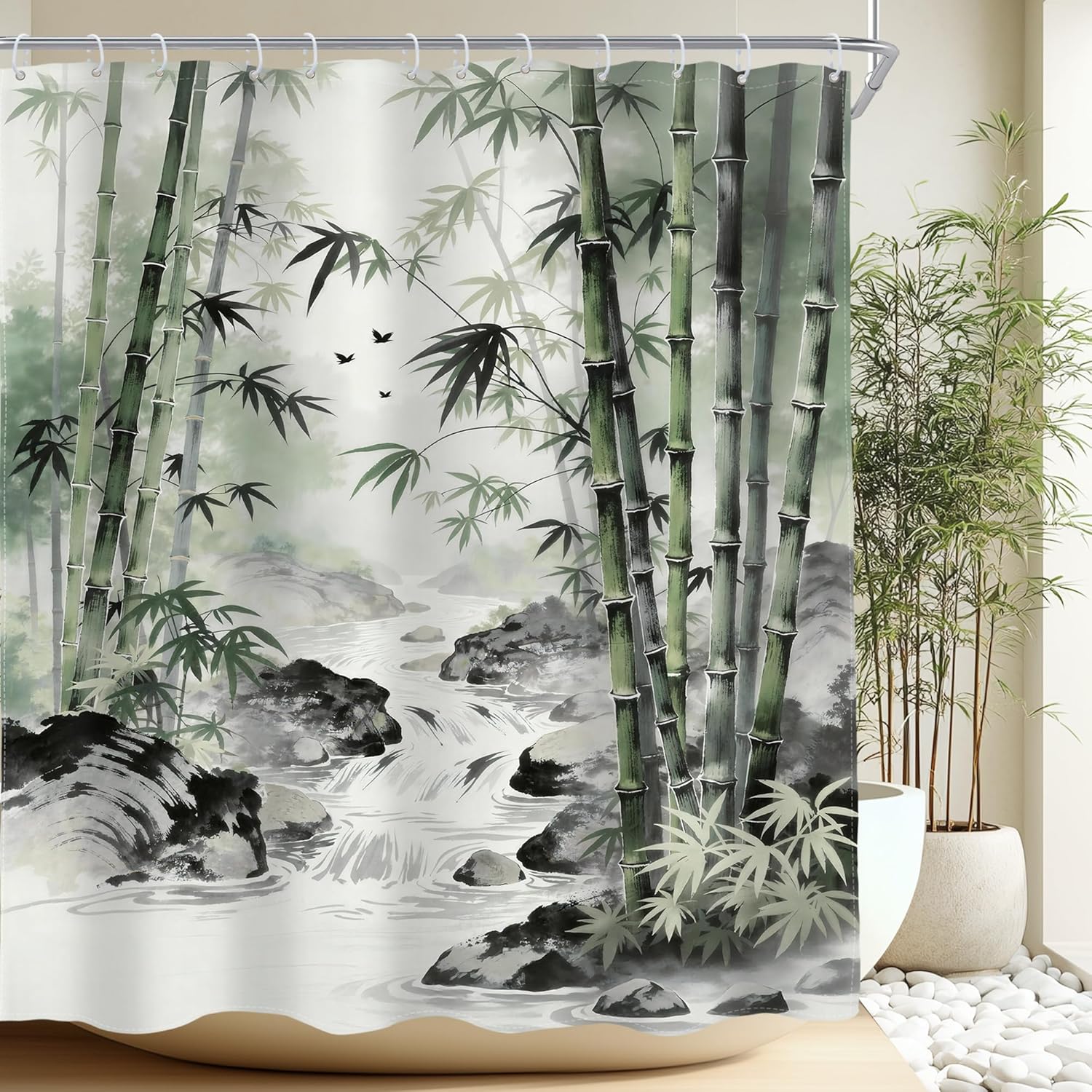 

Bamboo Shower Curtain Zen Garden Watercolor Art Green Leaves Stream Nature Calm Spa Decor with 12 Hooks 90x180cm35x71in