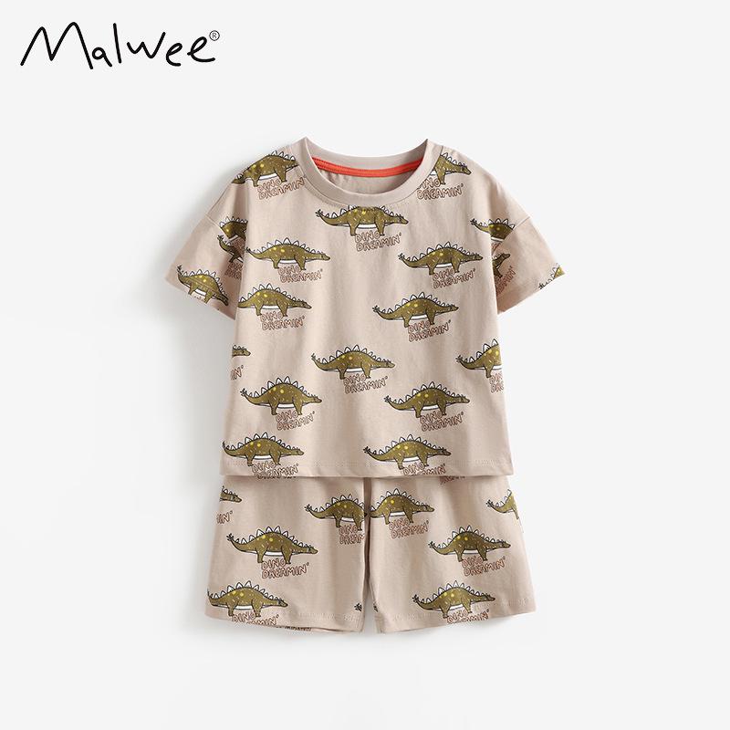 

Malwee Boys Summer Two-Piece Outfit: European & American Style, Round Neck, Short Sleeve, Elastic Waist Pants for Toddlers & Kids 120