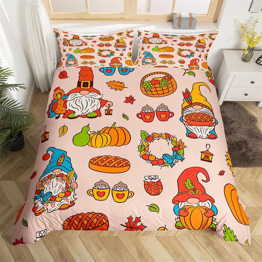 Fall Maple Leaves Autumn Harvest Theme Duvet Cover Cartoon Christmas Santa Thanksgiving Pumpkin Holiday Decor Gifts for Children