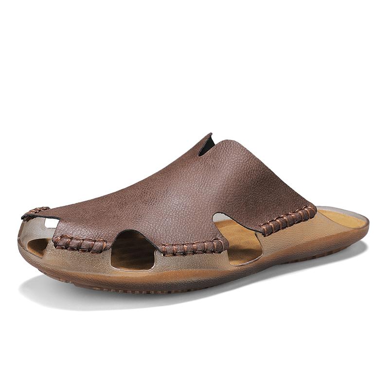 Fashion Men's Big Size Handmade Premium Leather Closed-Toe Sandals Summer Breathable Comfortable Flats Outdoor Daily Slippers Male Shoes