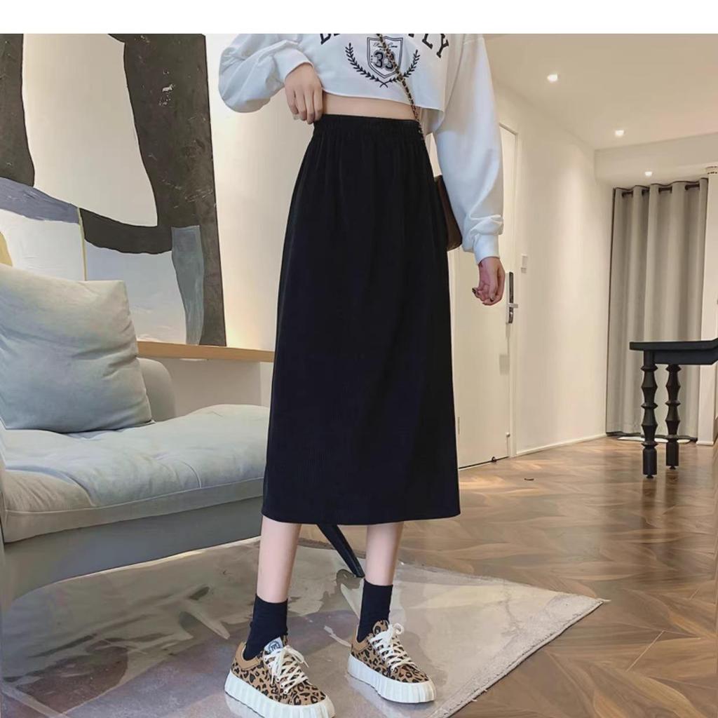2024 Autumn/Winter Women's High-Waist Slimming Corduroy Midi A-Line Skirt - Korean Style