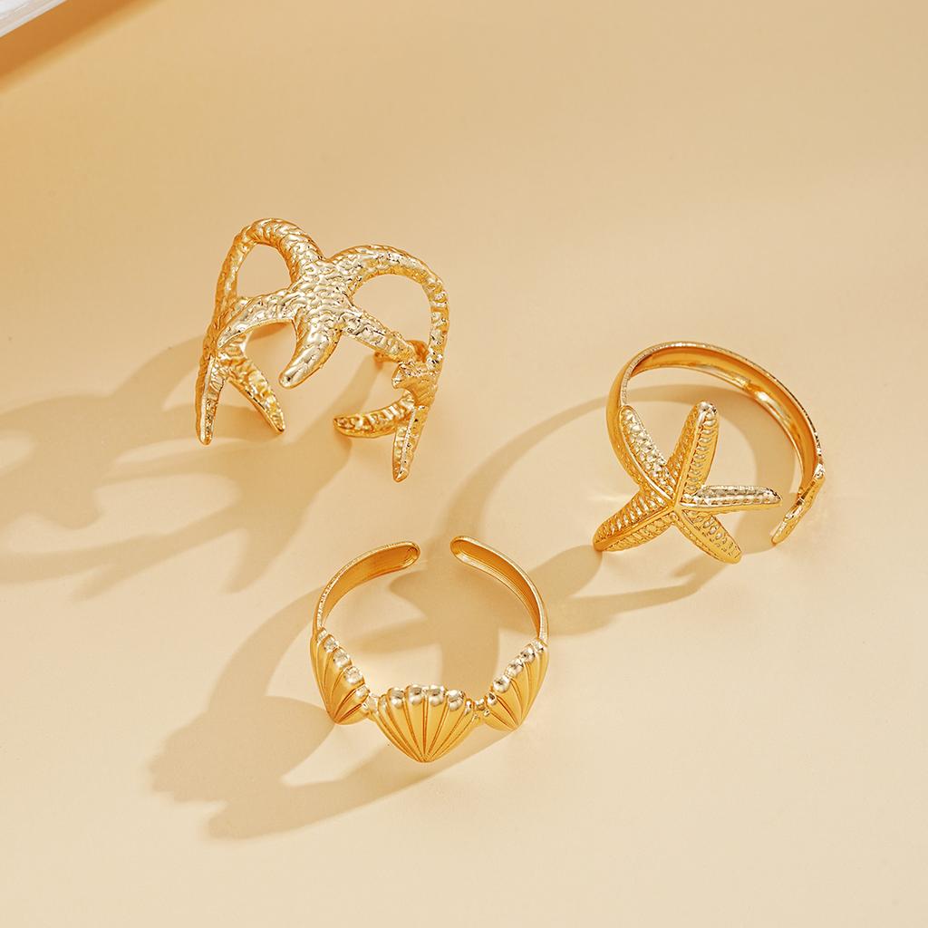 3pcs Bague Empilable Élégante Plage Étoile de Mer Coquillage Bague Ouverte Fer Or Diamant d'Eau Or Vêtements Quotidien Accessoires de Fête