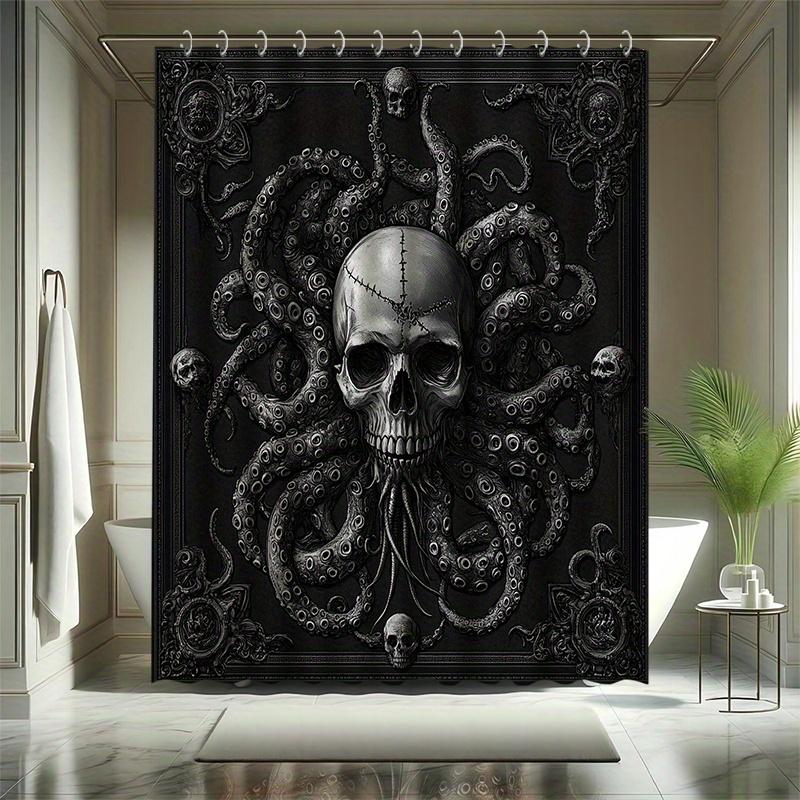 Deep Sea Skull Shower Curtain Set - Eerie Tentacle Background, Includes 12 Hooks, Waterproof Polyester, Modern Bathroom Decor