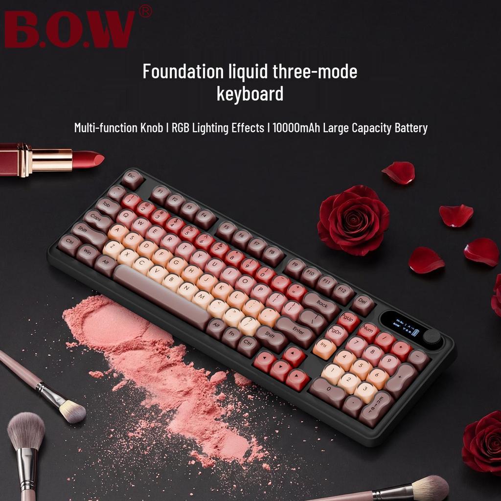 BOW Hangshi Multi-Mode Backlit Bluetooth Keyboard with Lipstick Foundation Design for Women, Mechanical Feel, and Wireless/Wired Options
