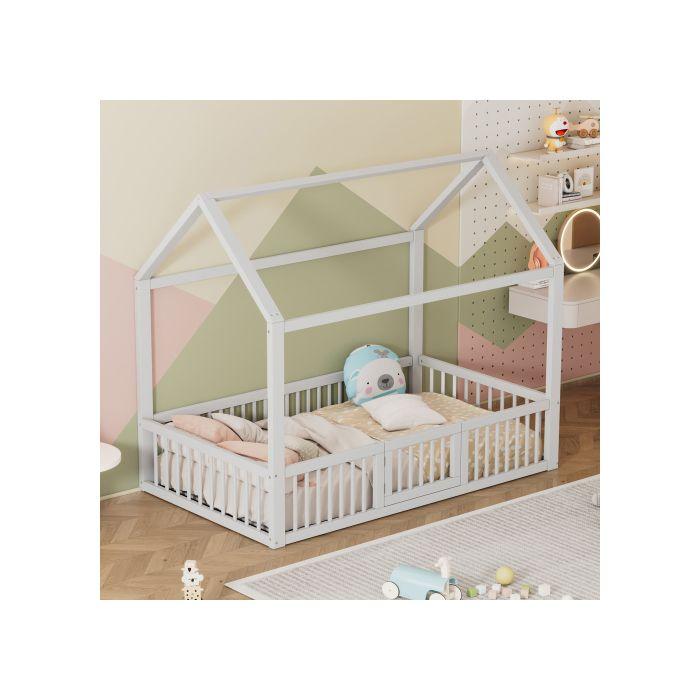 90*200cm Lit en bois massif, Lit double, Lit plat, Lit de maison, Lit de maison avec porte, blanc