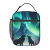 Wolf Northern Light Aurora Borealis Scenery Mountains Rivers Trees Insulated Lunch Bag Portable Food Boxes Lunch Box Tote