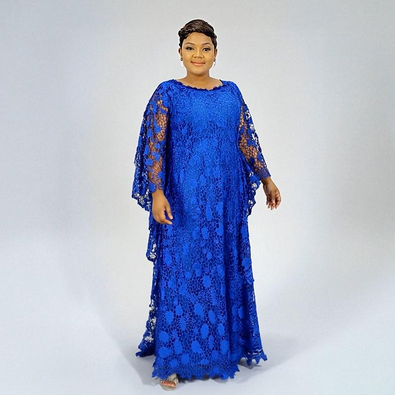 Plus Size African Women's Loose Long Robe Dress with Water Soluble Lace & Short Sleeves