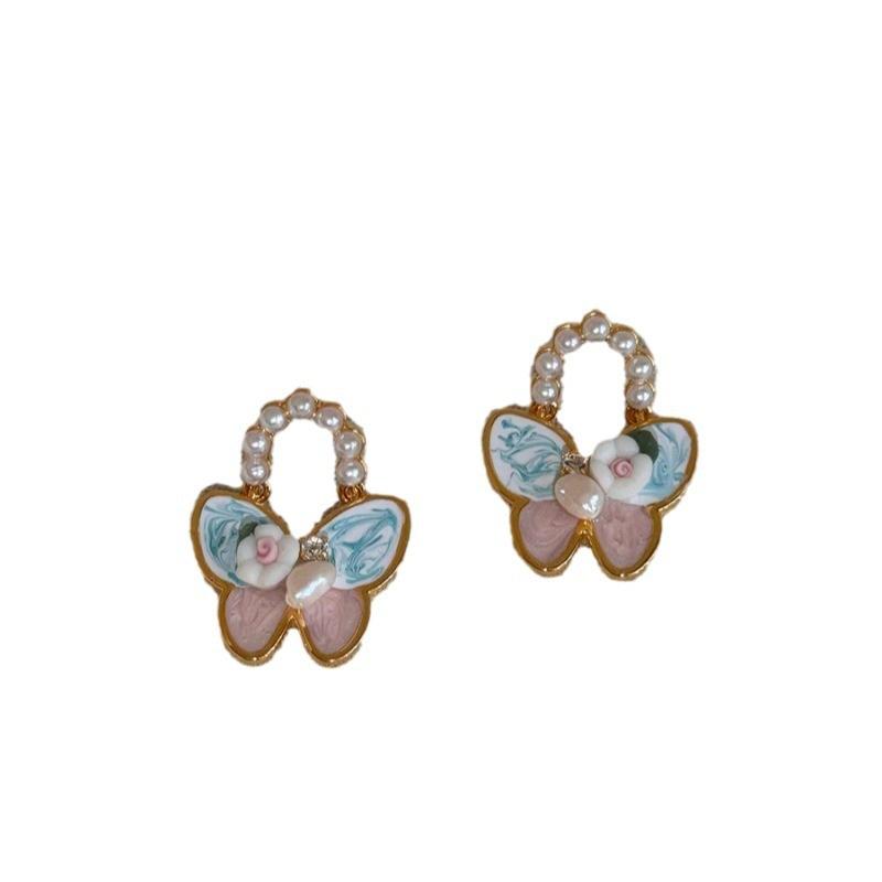Sweet wind oil painting three-dimensional butterfly flower earrings, exquisite design personalized versatile earrings women