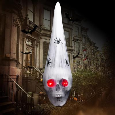 Dekoracje na Halloween, Halloweenowe dekoracje w kształcie czaszki na zewnątrz i wewnątrz, 20-calowe Halloweenowe szkieletowe dekoracje aktywowane głosem z czerwonymi oczami LED i fałszywym pająkiem