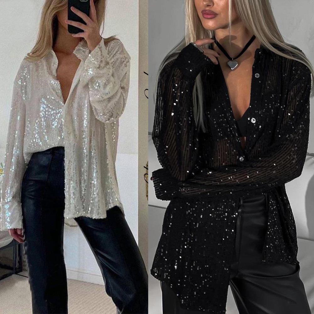 2025 Autumn/Winter European & American Sequin Long Sleeve Turn-Down Collar Sexy Women's Shirt Jacket