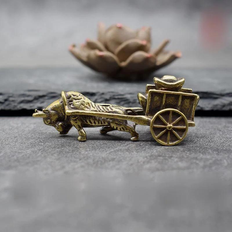 Retro Ornament Bull Pull Vehicle Figurines Pure Copper Chinese Folk Feng Shui Crafts Home Decoration Accessories Bring Good Luck