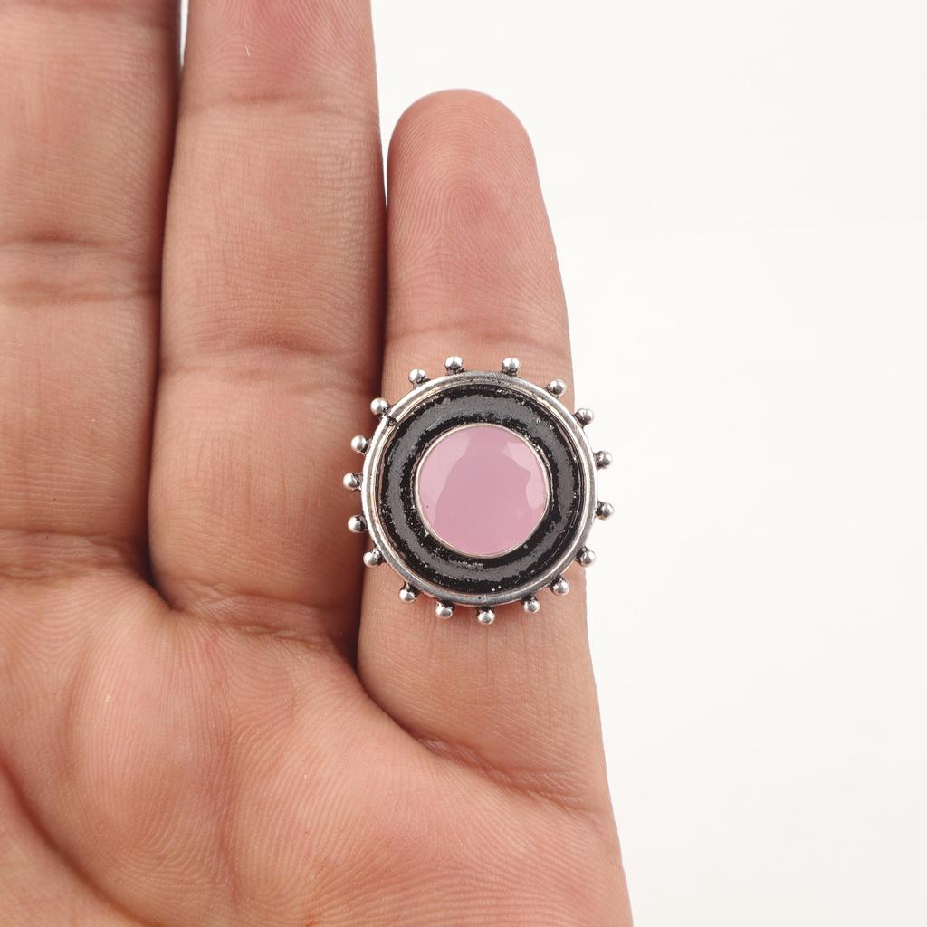 Rose Chalcedony Gemstone Jewelry, 925 Solid Sterling Silver Ring, Handmade Silver Jewelry Balancing Ring Adorable Chalcedony Jewelry For Her