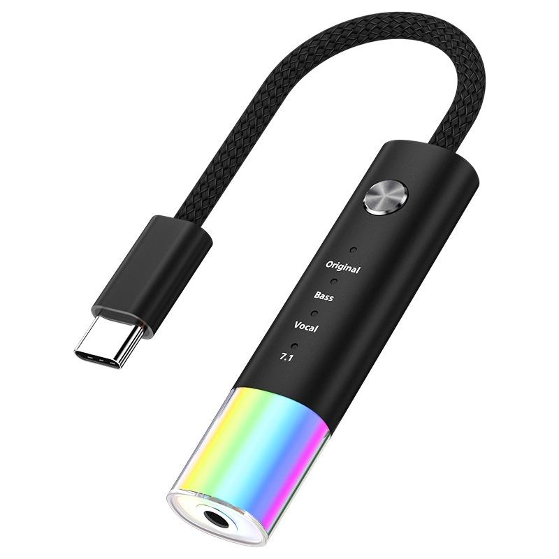 MH657B Type-C to 3.5mm Audio Adapter 4 Sound Modes In-line Control HiFi Sound Converter with RGB Light