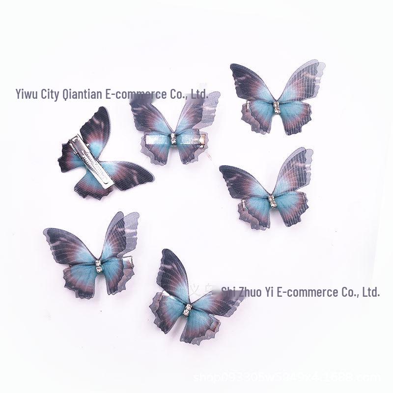 Double Layer Rhinestone Butterfly Hair Clip Set with Thin Gauze