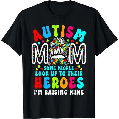 Autism Mom Raising Hero Groovy Messy Bun Autism Awareness T-Shirt  Women Clothing Tops  Graphic T Shirts  Camiseta