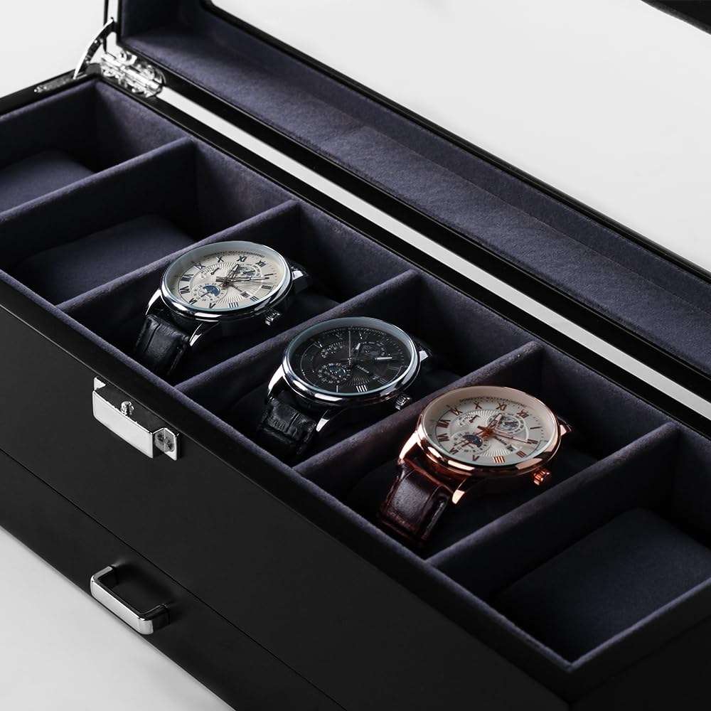 Baskiss Luxury 2-Tier Wooden Watch Case, Holds 6 Watches, and Can Also Store Accessories, Rings, Earrings, and Pens - Collection Case