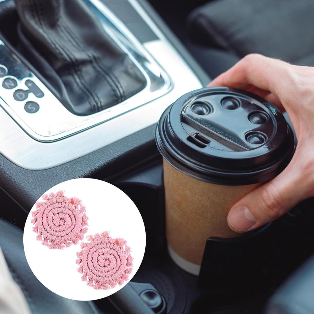 2 Pack Handmade Boho Drink Coaster Holder Cotton Knitted Car Coasters for Cup Holders Universal Auto Macrame Non-Slip Cup Holder Removable Car