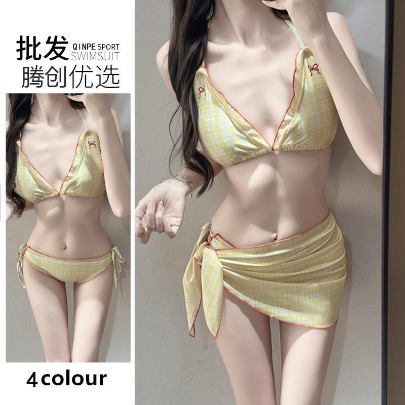 Korean Ins Style Swimsuit Women's Split Plaid Bikini Thailand Hot Three-piece