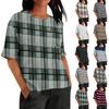 Fashionable Women's T-shirt Short Sleeved Casual Top With Pockets, Striped Checkered Print Round Neck Lightweight Top
