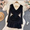 Women Casual Sleeve Long Neck V Solid Color Dress Waist High A Line Sheath Spring Elastic Mini
