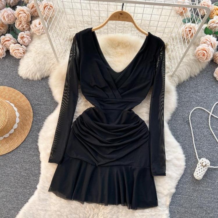 Women Casual Sleeve Long Neck V Solid Color Dress Waist High A Line Sheath Spring Elastic Mini