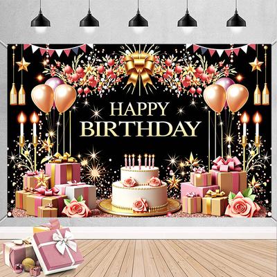 Happy Birthday Decoration Backdrop Pink Flower Balloons Gifts Cake Theme Bunting Flags Banner Birthday Party Decoration Supplies