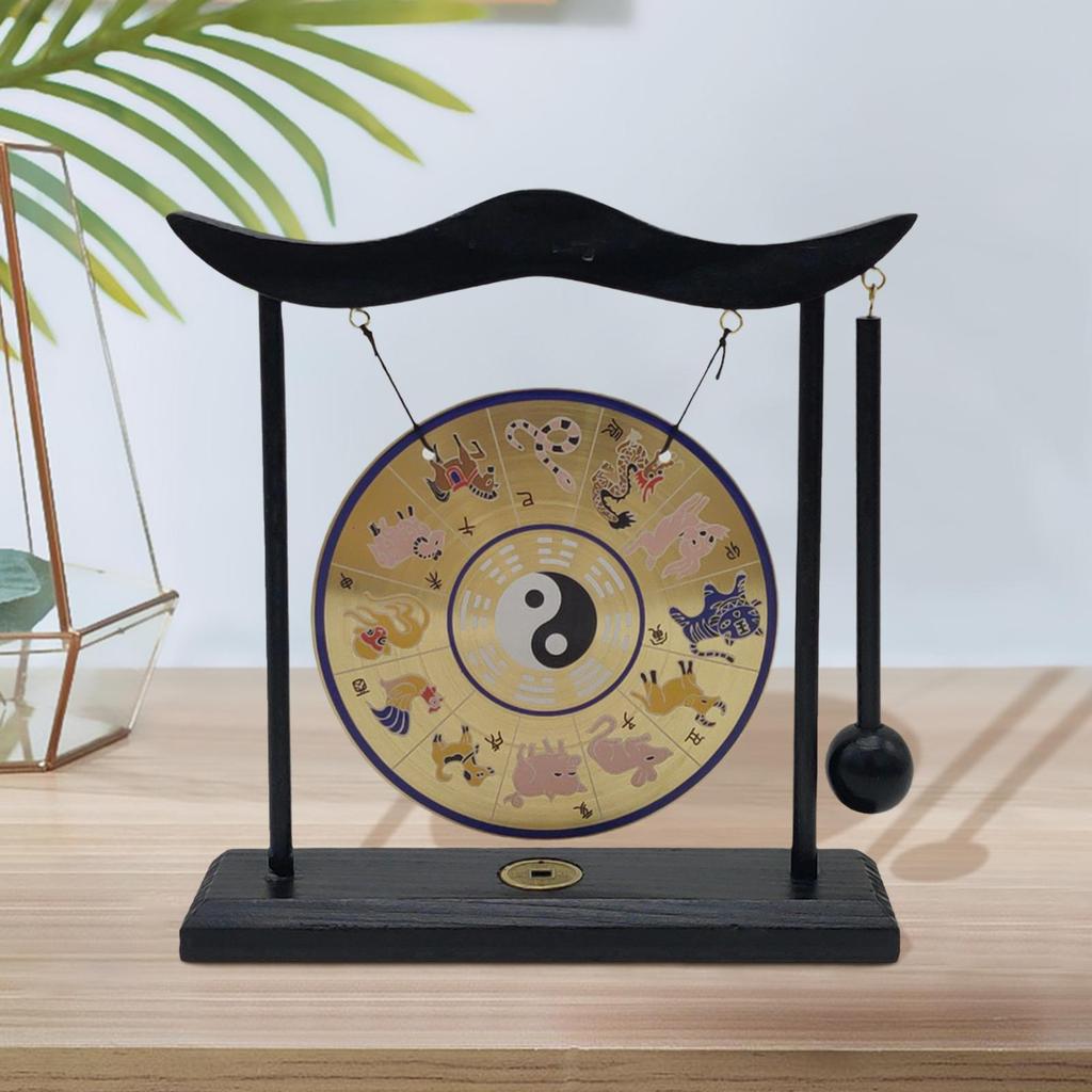 Gong Ornament Mini Wind Chimes Feng Shui Brass Gong Desktop Mini Chinese Gong with Stand for Tabletop Office Home Art Decor