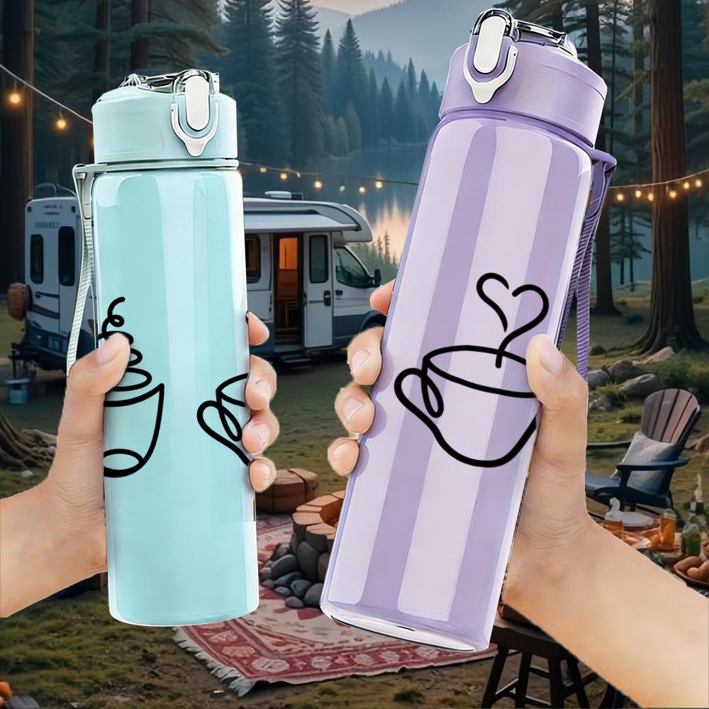 1PC Three Coffee Cup Heart Outline 750ml Color Plastic Sports Water Bottle Leakproof Flip Straw Lid Suitable for Sports Office Home Use