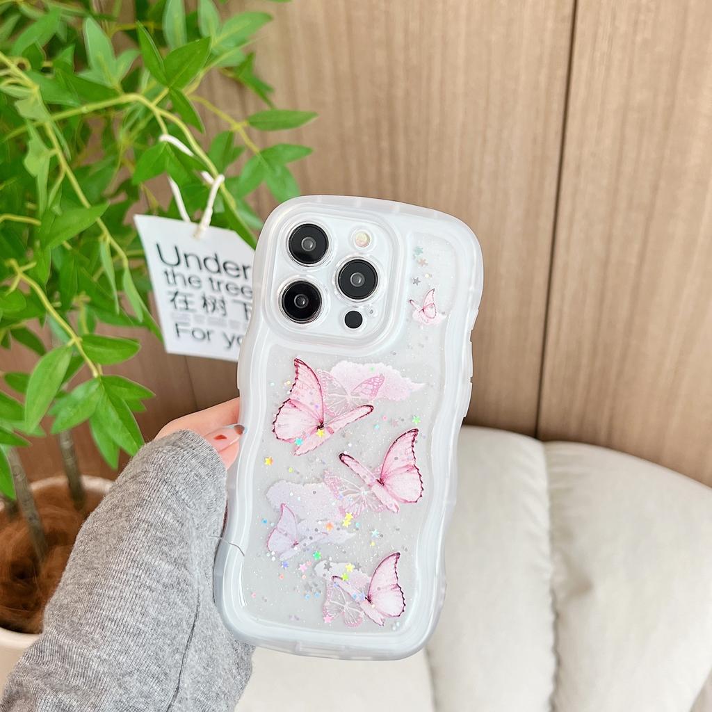 Glitter Sequins Butterfly Bumper Case For iPhone 16 E 15 14 13 12 Mini 11 Pro XR X XS Max 7 8 Plus SE Curly Frame Bling Cover