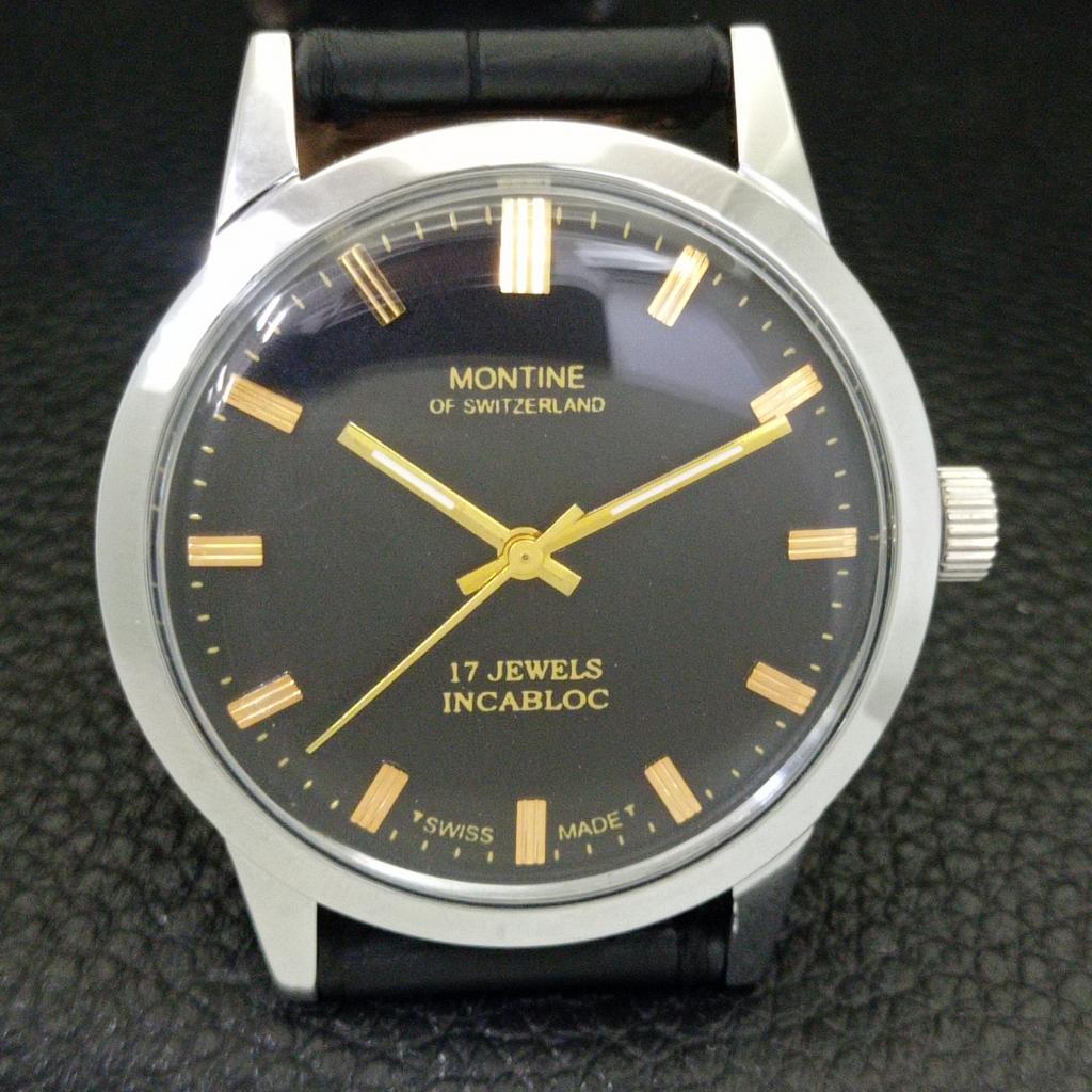 VINTAGE MONTINE rankinio užvedimo ŠVEICARIŠKAS VYRIŠKAS ATNAUJINTAS JUODAS Ciferblatas LAIKRODIS a441063-1