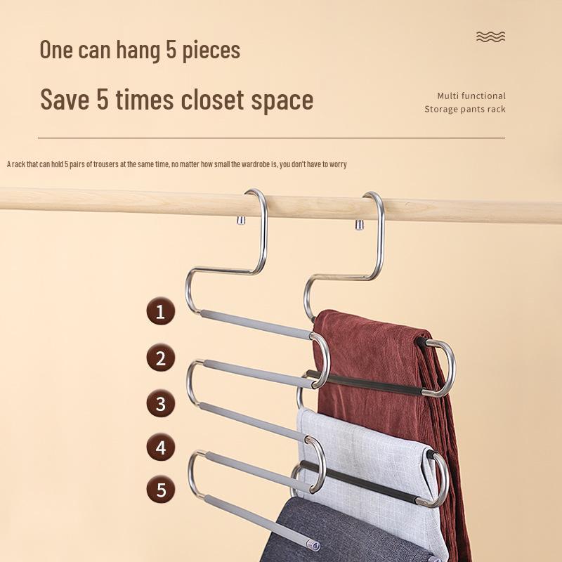 Stainless Steel S-Shaped Multi-Layer Folding Pants Hanger - Non-Slip, No-Trace Storage Solution for Home and Dormitory.