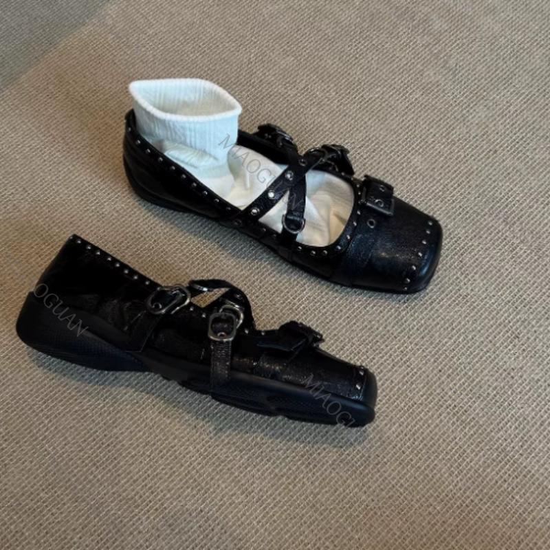 Women Bow Ballet Dance Mary Jane Shoes Fashion Square Toe Rivet Loafers New Dress Designer Flats Casual Ballerinas Footwears