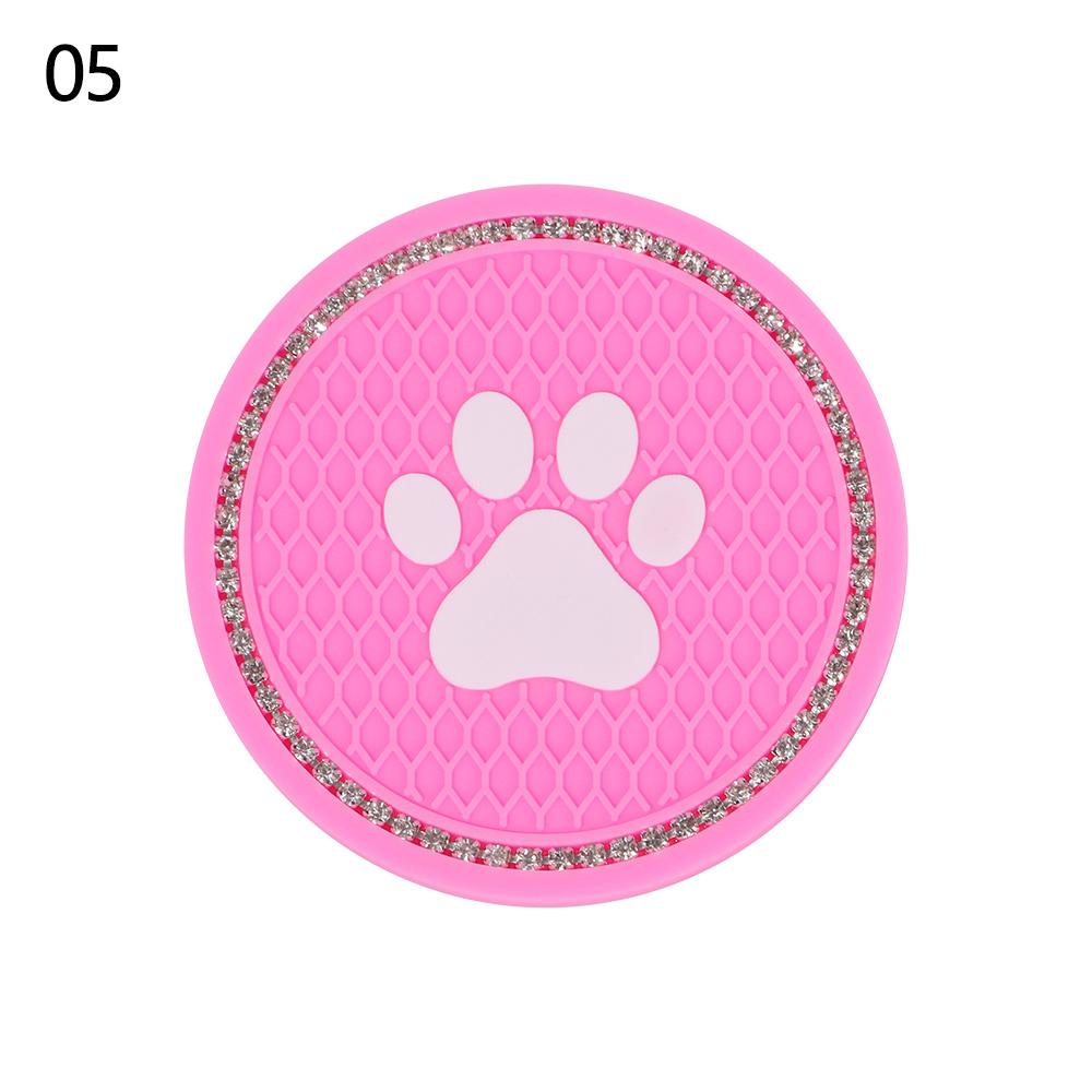 7CM Round Cup Holder Dog Paw Pattern Rhinestone Soft Silicone Anti Slip Mats Bling Crystal Car Coasters Interior Accessories