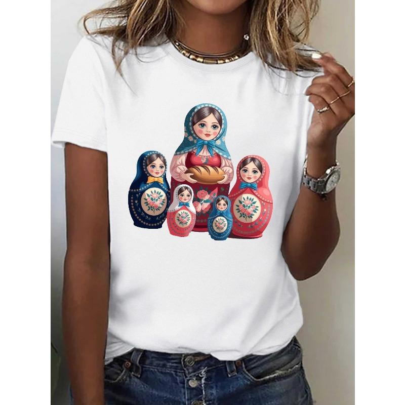 Women's Russian Matryoshka Dolls Print T-Shirt Red Graphic Crew Neck Short Sleeve Casual Summer Top