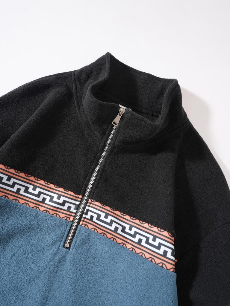 Men's Autumn/Winter Half-Zip Fleece Stand Collar Color Block Jacquard Sweatshirt