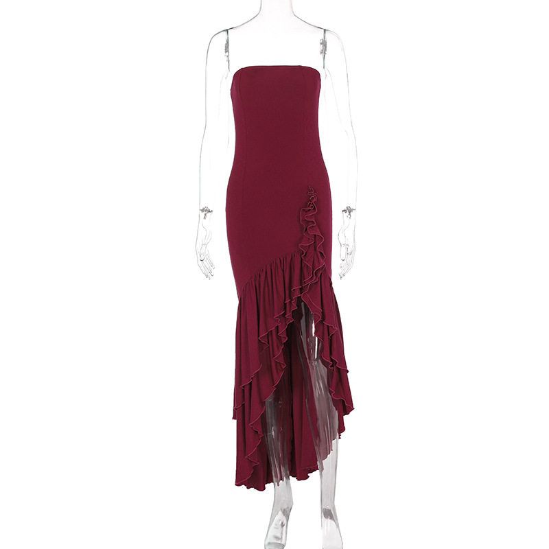 European and American Cross-Border Women s Long Dress, Spring and Summer Fashion, Elegant and Sexy, Strapless Ruffled Sleeveless Knitted Dress Burgundy L